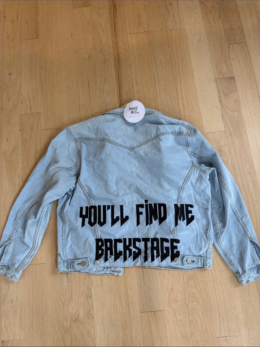 Princess Polly Light Blue Denim Jacket Print with Black Lettering